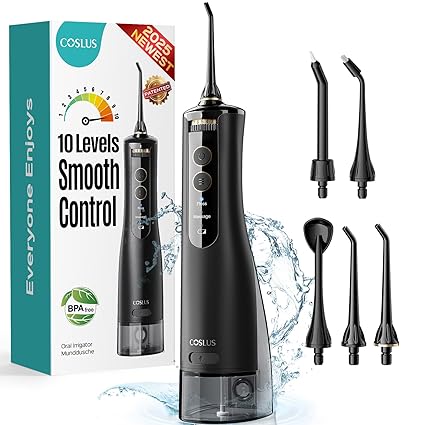 COSLUS Portable Water Flosser for Teeth – 10 Pressure Settings, Cordless, BPA-Free, Model E40