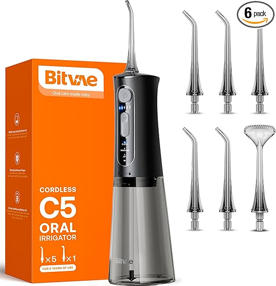 Bitvae Water Dental Flosser for Teeth – Cordless, Rechargeable, 3 Modes, 5 Intensities – Black