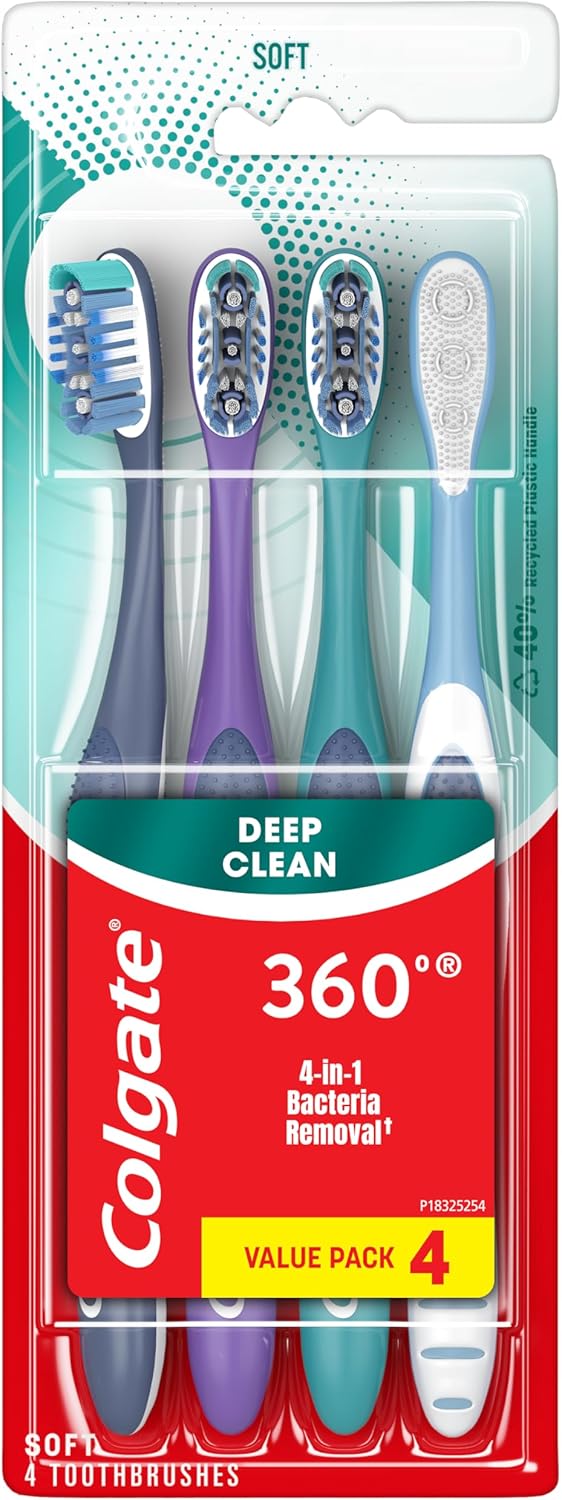 Colgate 360 Deep Clean Soft Toothbrush for 4 in 1 Bacterial Removal, Features Floss Tip Bristles and Tongue Cleaner, 4 Count